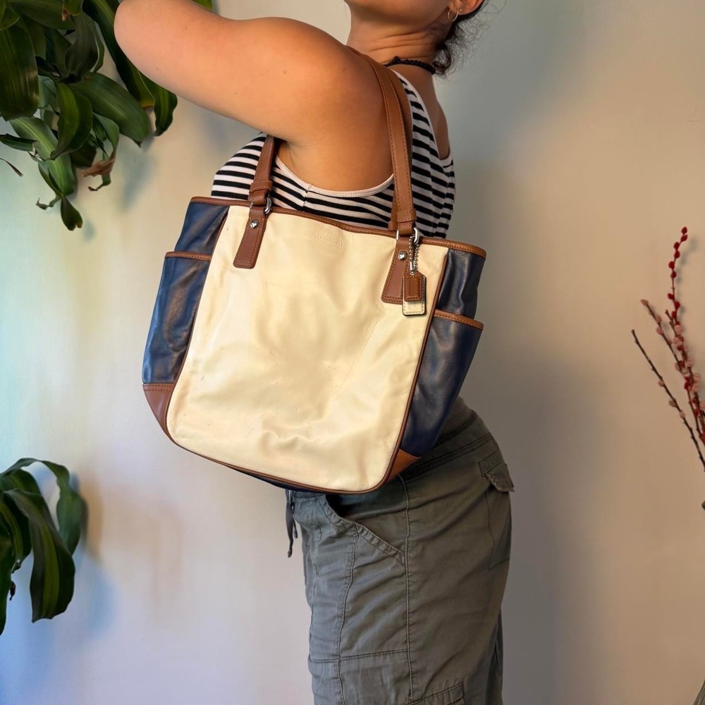 Coach Legacy Park Leather Tote A1376-F23683 White Navy Brown Purse